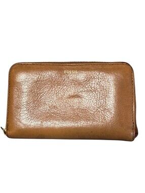 FOSSIL Vintage Camel Tone Zip Wallet With Mustard Interior 6.5" X 4"